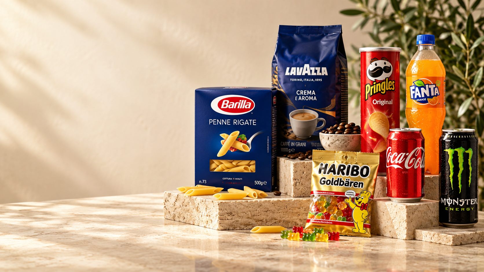 Produkty spożywcze: Coca-Cola, Fanta, Monster, Pringles, Barilla, Haribo, Lavazza